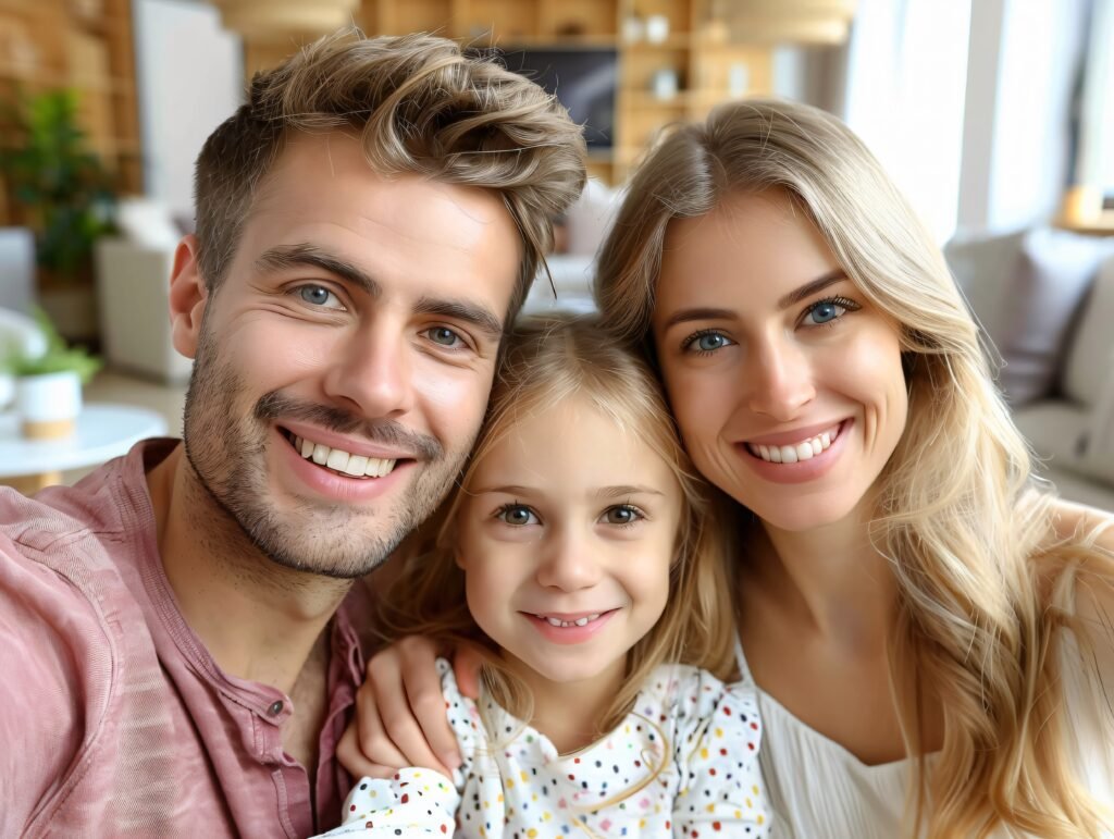 Family portrait at home with healthy smiles, Village Family Dentistry